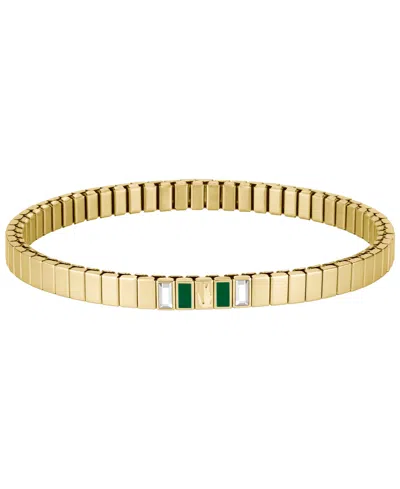 Lacoste Women's Courtline Gold-tone Stainless Steel Green Enamel And Crystal Baguette Stretch Band Bracelet
