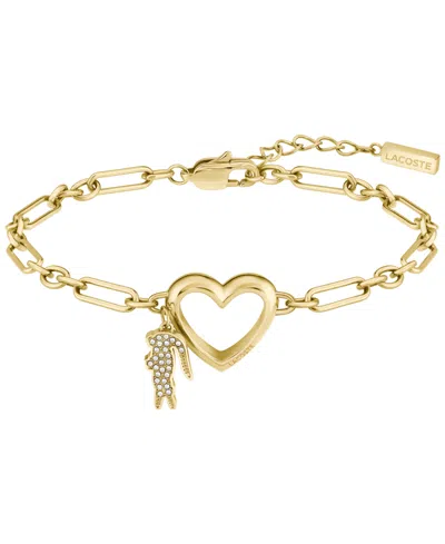 Lacoste Women's Elyse Gold-tone Stainless Steel Heart Bracelet With Crystal Pave Crocodile
