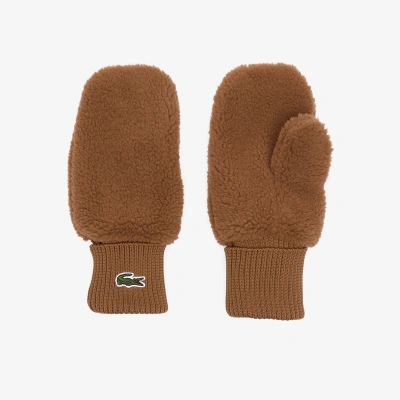 Lacoste Women's Ribbed Cuff Sherpa Mittens - M/l In Brown