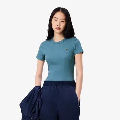 Lacoste Women's Slim Fit Ribbed Cotton T-shirt - 34 In Blue