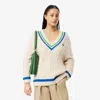 Lacoste Womens White V-neck Striped Cotton-blend Cable-knit Jumper Xs In White