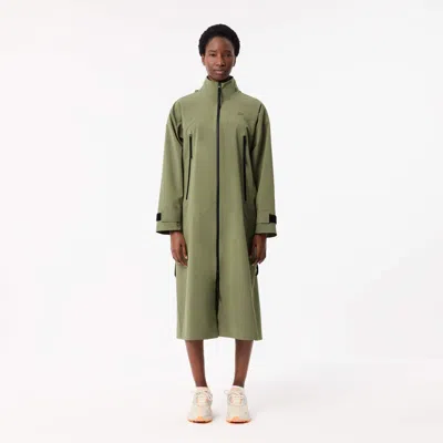 Lacoste Womens Khaki Maxi Trench  Logo-patch Stretch-ripstop Coat In Green