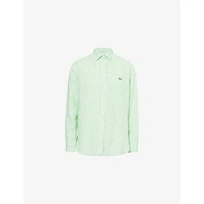 Lacoste Womens Striped Logo-patch Linen Shirt Green Xs