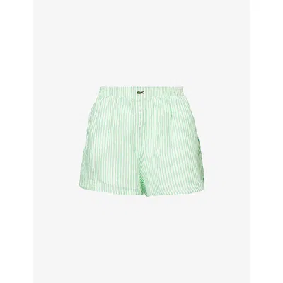 Lacoste Womens Striped Logo-patch Linen Shorts Green Xs