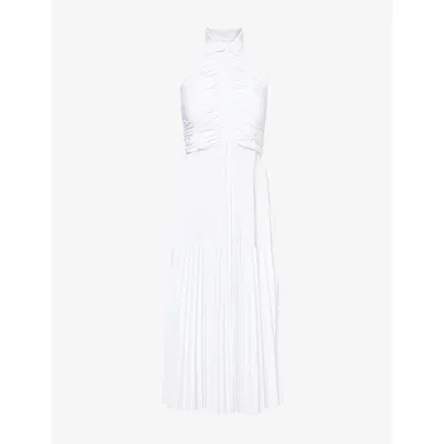 Lacoste Womens Ruched-bodice Sleeveless Pleated Woven Midi Dress White