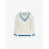 Lacoste Womens White V-neck Striped Cotton-blend Cable-knit Jumper Xs In White