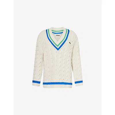 Lacoste Womens White V-neck Striped Cotton-blend Cable-knit Jumper Xs