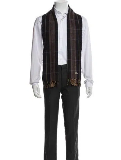 Pre-owned Lacoste Wool Plaid Print Scarf In Brown