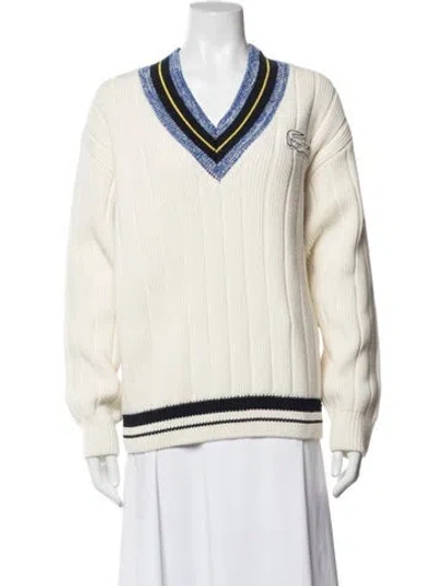 Pre-owned Lacoste Wool V-neck Sweater In White