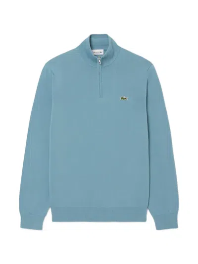 Lacoste Zipped High-neck Cotton Sweater In Blue