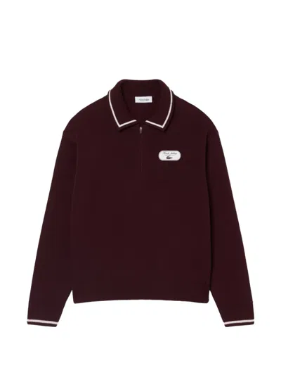 Lacoste Zipped Polo Collar Sweater In Burgundy