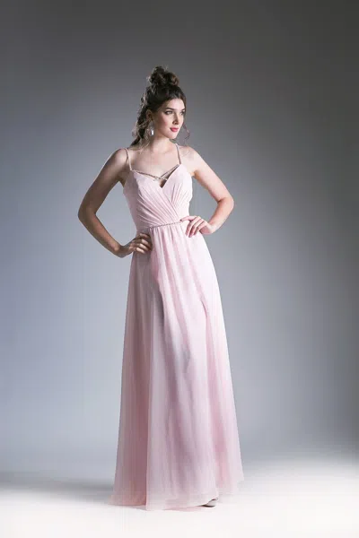 Ladivine 1010 Pleated A Line Long Formal Beaded Prom Dress In Pink