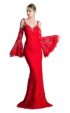 Ladivine 13112 Long Fitted Formal Lace Dress In Red