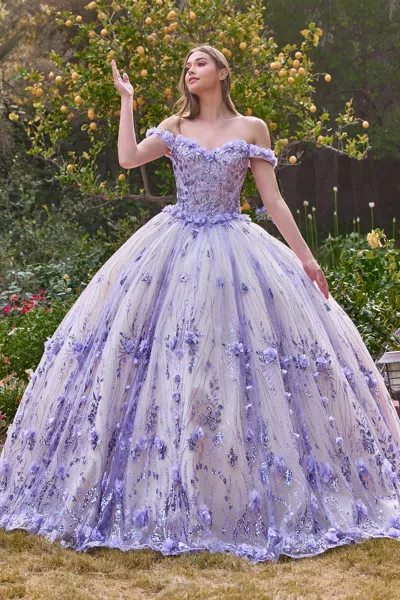 Ladivine 15704 Ball Gown Long Glitter Floral Quinceanera Dress In Purple