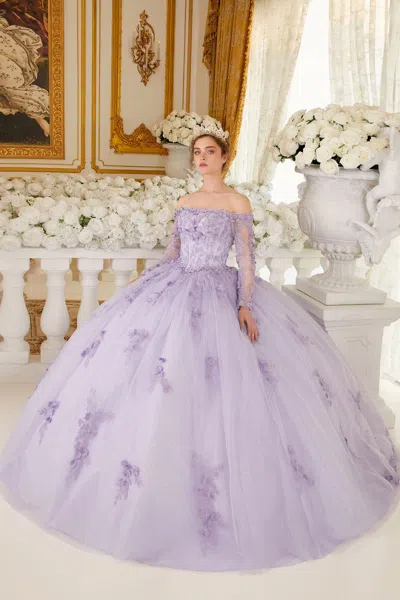 Ladivine 15706 Ball Gown Long Lace Floral Sweet 16 Quinceanera Dress In Purple