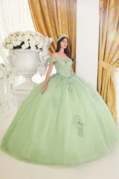 Ladivine 15710 Long Off Shoulder Quinceanera Tulle Ball Gown In Green