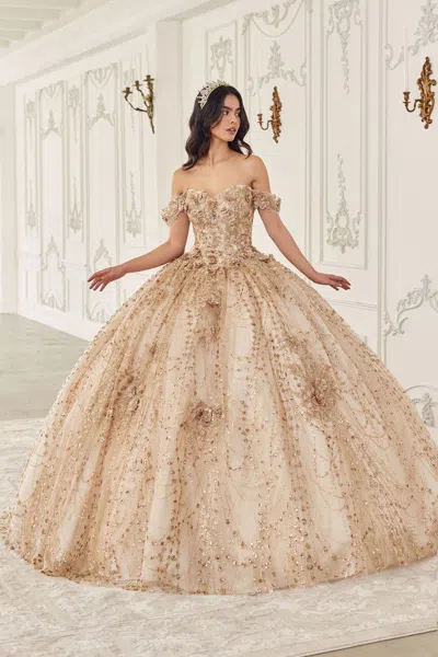 Ladivine 15712 Long Ball Gown Glitter Print Quinceanera Dress In Gold