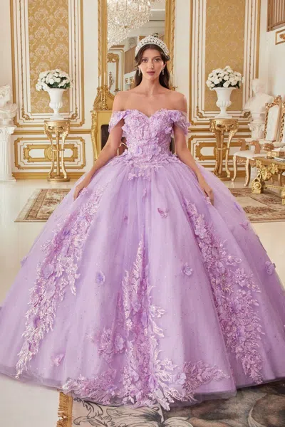 Ladivine 15713 Long Quinceanera Off Shoulder Floral Applique Ball Gown In Purple