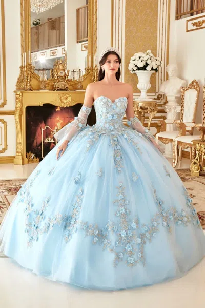 Ladivine 15714 Long Strapless Quinceanera Floral Applique Ball Gown In Blue