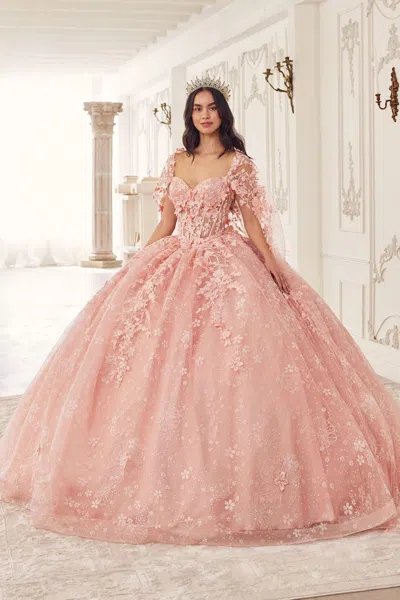 Ladivine 15719 Long Floral Ball Gown Cape Quinceanera Dress In Pink