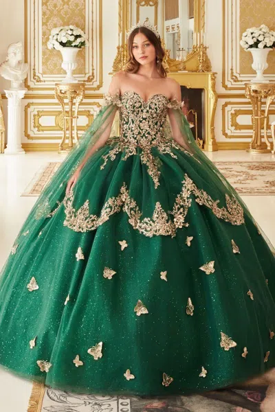 Ladivine 15721 Long Ball Gown Cape Quinceanera Dress In Green