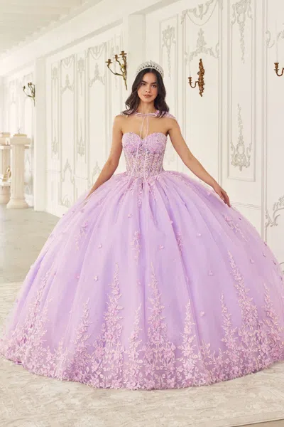 Ladivine 15723 Long Ball Gown Floral Applique Quinceanera Cape Dress In Purple