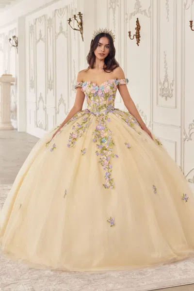 Ladivine 15724 Long Floral Ball Gown Quinceanera Dress In Gold