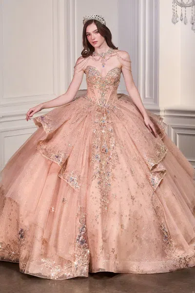 Ladivine 15727 Glitter Long Ball Gown Corset Quinceanera Dress In Pink