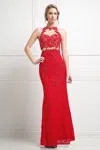 Ladivine 1586 Lace Formal Long Beaded Prom Dress In Red