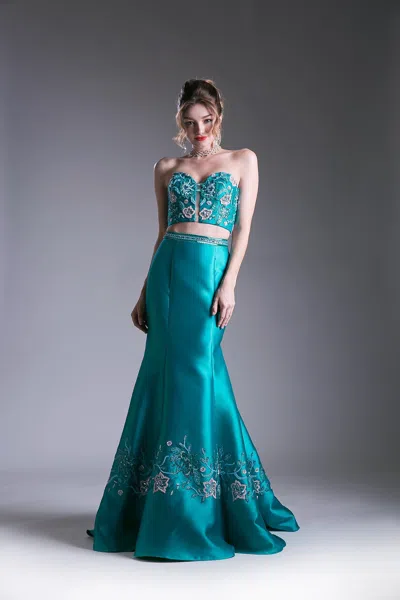 Ladivine 62211 Long Formal Beaded Two Piece Prom Dress In Green