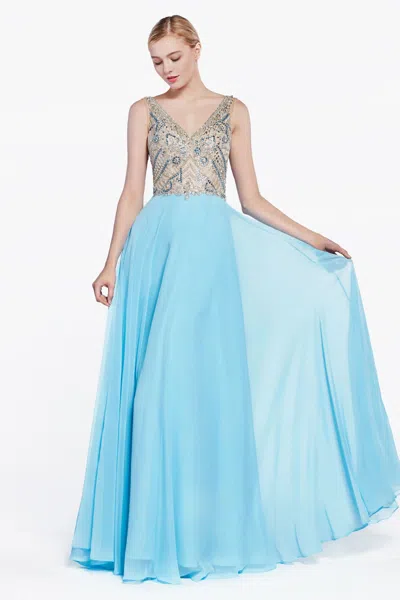 Ladivine 71190 Long Fornal A Line Beaded Prom Dress In Blue