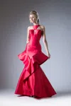 Ladivine 71428 Ruffle Long Formal Fitted Prom Dress In Red