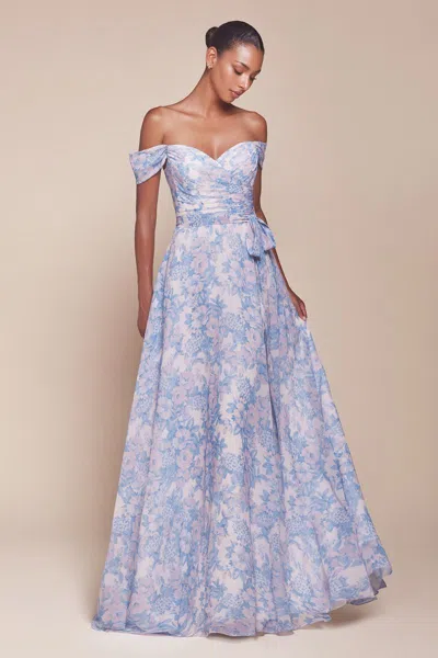 Ladivine 7441 Long A Line Floral Printed Formal Prom Dress In Blue