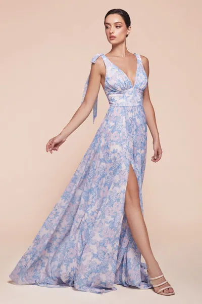 Ladivine 7442 Floral Long Formal A Line Printed Prom Dress In Blue