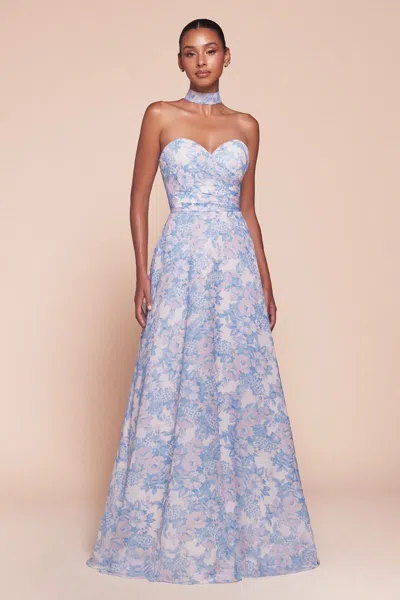 Ladivine 7443 Long A Line Floral Formal Prom Dress In Blue