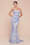 Ladivine 7445 Long Formal Prom Floral Print Dress In Blue