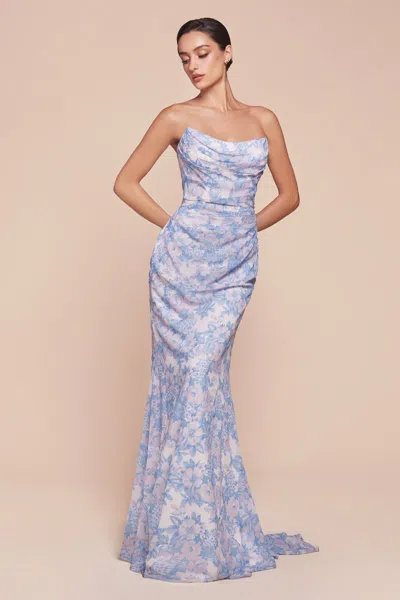 Ladivine 7445 Long Formal Prom Floral Print Dress In Blue