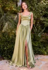 Ladivine 7446 Long Formal Slit A Line Evening Dress In Green