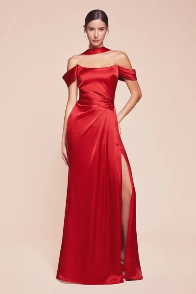 Ladivine 7452 Long Formal Evening Prom Slit Dress In Red