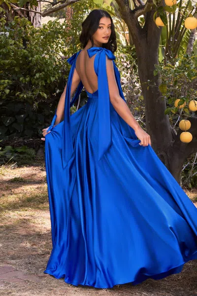 Ladivine 7490 Sleeveless A Line Satin Prom Dress In Blue