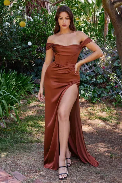 Ladivine 7492 Long Corset Fitted Formal Dress In Brown