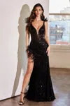 Ladivine 9312 Formal Long Fitted Prom Feather Dress In Black