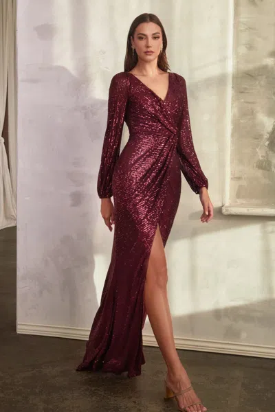 Ladivine B8422 Long Sleeve Formal Sequin Dress In Burgundy