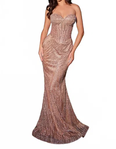 Ladivine Basque Waist Illusion Bodice Dress In Mocha Gold