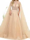 Ladivine Beaded Illusion Design Sewn-on Cape A Line Glitter Dress In Champagne In Neutral