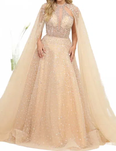Ladivine Beaded Illusion Design Sewn-on Cape A Line Glitter Dress In Champagne In Nude