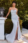 Ladivine C166 Prom Long Formal Beaded Slit Evening Gown In Silver