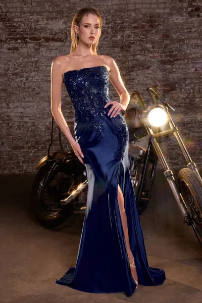 Ladivine C168 Prom Fitted Long Formal Beaded Applique Dress In Blue