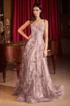 Ladivine Cb144 Sequin Long Formal Floral Print Prom Dress In Purple