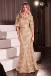 Ladivine Cb149 Long Formal Mother Of The Bride Lace Fitted Dress In Gold